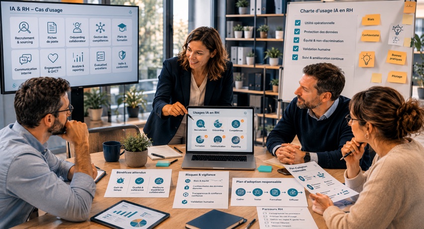 Professionnels RH qui explorent des cas d'usage IA